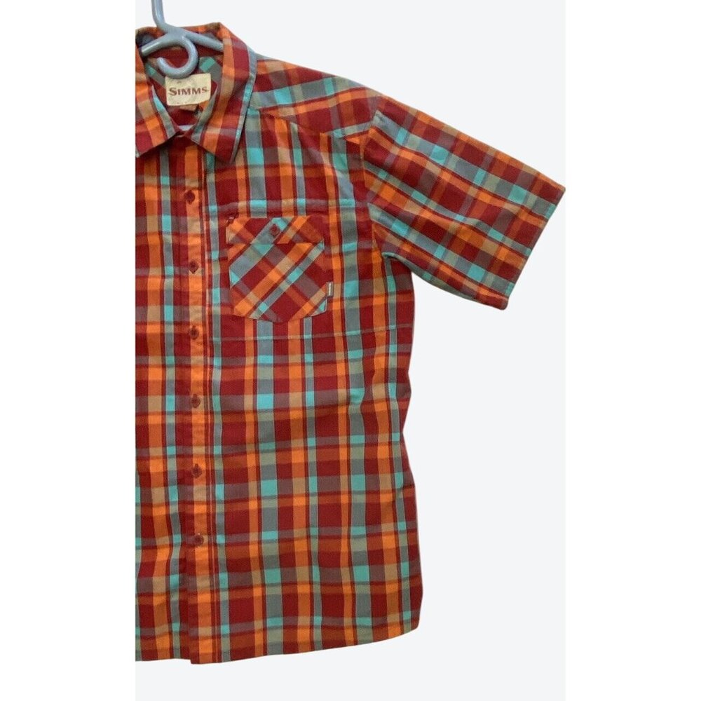 Simms Men's Extra Large Short Sleeve Plaid Fishing Red Orange Mint Green - Picture 3 of 8